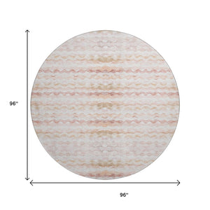 HomeRoots 8' Stylish Peach Ivory Beige Geometric Washable Round Rug with UV Protection for Modern Homes 646220