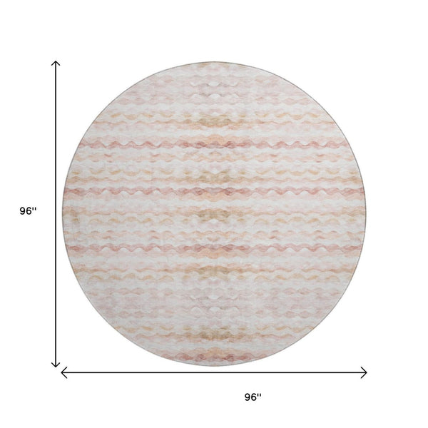 HomeRoots 8' Stylish Peach Ivory Beige Geometric Washable Round Rug with UV Protection for Modern Homes 646220