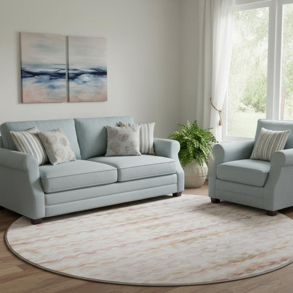 HomeRoots 8' Stylish Peach Ivory Beige Geometric Washable Round Rug with UV Protection for Modern Homes 646220