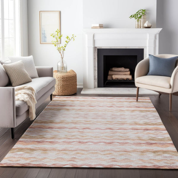 HomeRoots 8' X 10' Coastal-Inspired Peach Ivory & Beige Geometric Washable Area Rug with UV Protection 646221