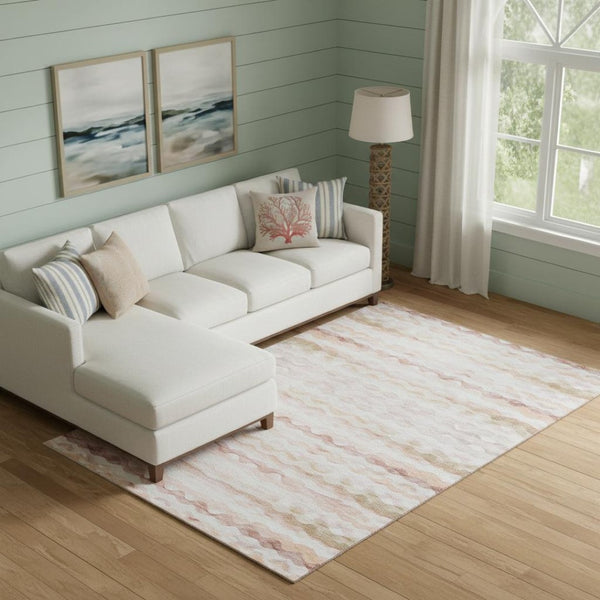HomeRoots 9' X 12' Stylish Peach & Ivory Geometric Washable Area Rug with UV & Stain Resistance for Homes 646222
