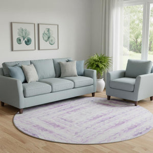 HomeRoots 8' Purple and Ivory Geometric Round Rug - Washable, UV-Protected, Stylish, and Durable for Busy Homes 646232