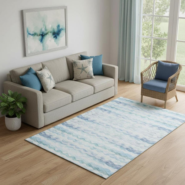 HomeRoots 5' X 8' Washable Blue and Ivory Geometric Area Rug with UV Protection for Stylish, Easy Care Living 646237