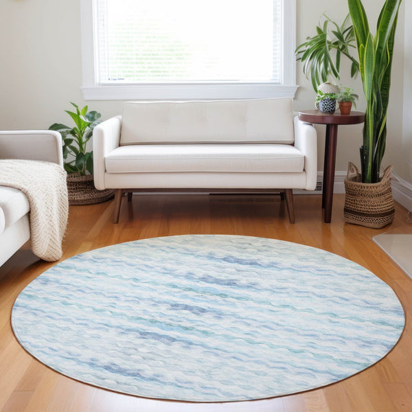 HomeRoots 8' Blue and Ivory Geometric Round Rug - Washable, UV-Protected, Stylish for Indoor & Outdoor Use 646238
