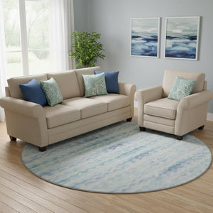 HomeRoots 8' Blue and Ivory Geometric Round Rug - Washable, UV-Protected, Stylish for Indoor & Outdoor Use 646238