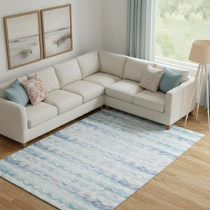 HomeRoots 8' X 10' Blue And Ivory Geometric Area Rug - Washable, UV Protected, Stain Resistant for Family Life 646239