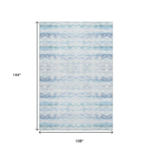 HomeRoots 9' X 12' Blue and Ivory Geometric Area Rug - Washable, UV Protected, Stain Resistant for Busy Homes 646240