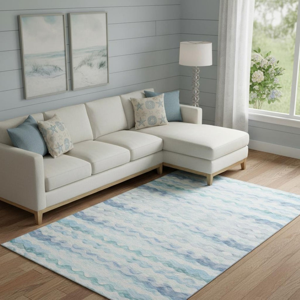 HomeRoots 9' X 12' Blue and Ivory Geometric Area Rug - Washable, UV Protected, Stain Resistant for Busy Homes 646240