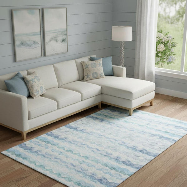 HomeRoots 9' X 12' Blue and Ivory Geometric Area Rug - Washable, UV Protected, Stain Resistant for Busy Homes 646240
