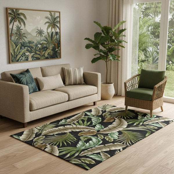 HomeRoots 5' X 8' Modern Midnight Green & Brown Geometric Washable Area Rug with UV Protection & Stain Resistance 646243