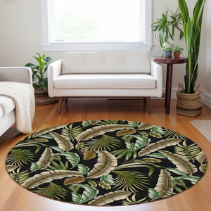 HomeRoots 8' Midnight Green and Brown Geometric Round Rug - Washable, UV-Protected, Durable for Active Homes 646244