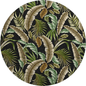 HomeRoots 8' Midnight Green and Brown Geometric Round Rug - Washable, UV-Protected, Durable for Active Homes 646244