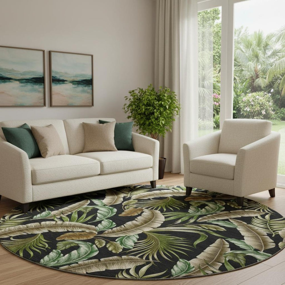 HomeRoots 8' Midnight Green and Brown Geometric Round Rug - Washable, UV-Protected, Durable for Active Homes 646244