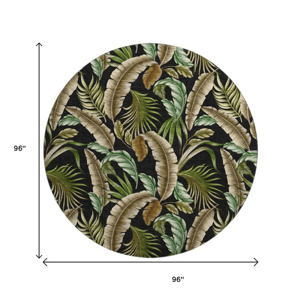 HomeRoots 8' Midnight Green and Brown Geometric Round Rug - Washable, UV-Protected, Durable for Active Homes 646244