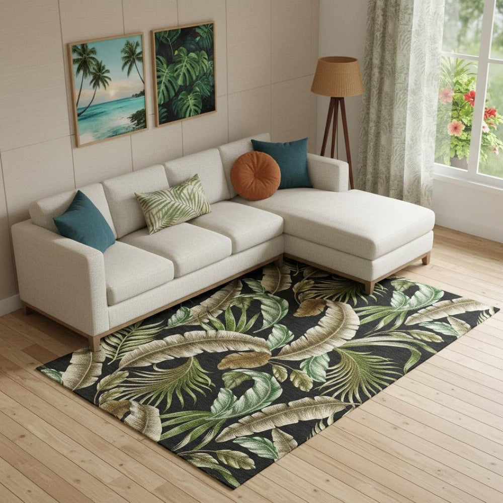 HomeRoots 10' Midnight Green & Brown Geometric Area Rug – Washable, UV-Protected, Stain-Resistant Comfort Piece 646247
