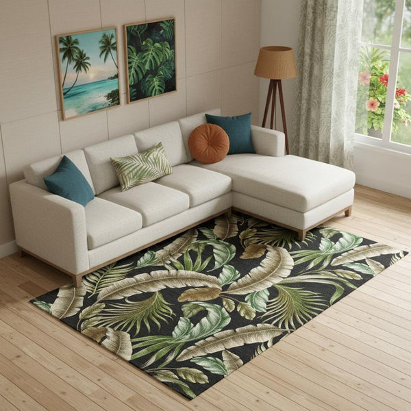 HomeRoots 10' Midnight Green & Brown Geometric Area Rug – Washable, UV-Protected, Stain-Resistant Comfort Piece 646247