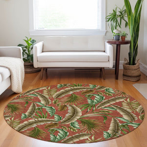 HomeRoots 8' Stylish Cinnamon Green and Brown Geometric Washable Round Rug with UV Protection for Homes 646250