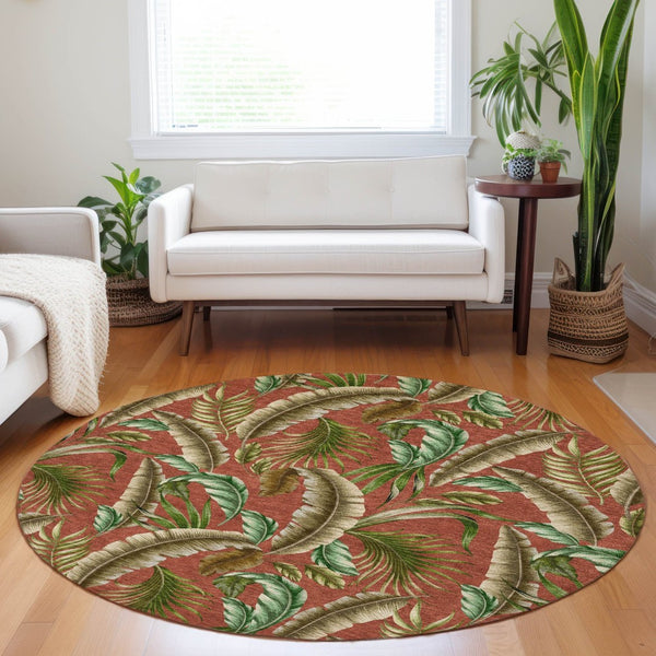 HomeRoots 8' Stylish Cinnamon Green and Brown Geometric Washable Round Rug with UV Protection for Homes 646250