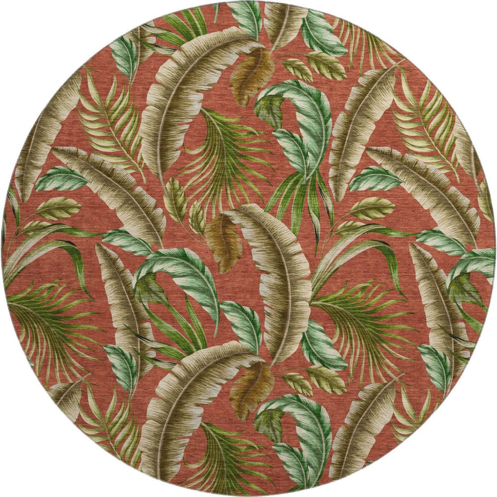 HomeRoots 8' Stylish Cinnamon Green and Brown Geometric Washable Round Rug with UV Protection for Homes 646250