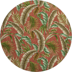 HomeRoots 8' Stylish Cinnamon Green and Brown Geometric Washable Round Rug with UV Protection for Homes 646250