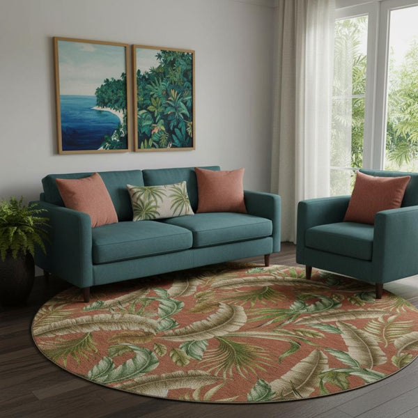 HomeRoots 8' Stylish Cinnamon Green and Brown Geometric Washable Round Rug with UV Protection for Homes 646250