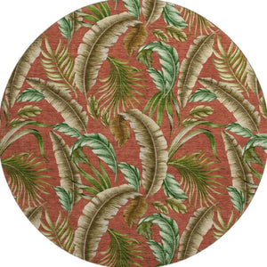 HomeRoots 8' Stylish Cinnamon Green and Brown Geometric Washable Round Rug with UV Protection for Homes 646250