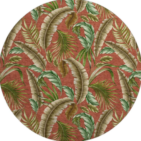 HomeRoots 8' Stylish Cinnamon Green and Brown Geometric Washable Round Rug with UV Protection for Homes 646250