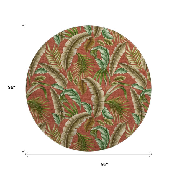 HomeRoots 8' Stylish Cinnamon Green and Brown Geometric Washable Round Rug with UV Protection for Homes 646250