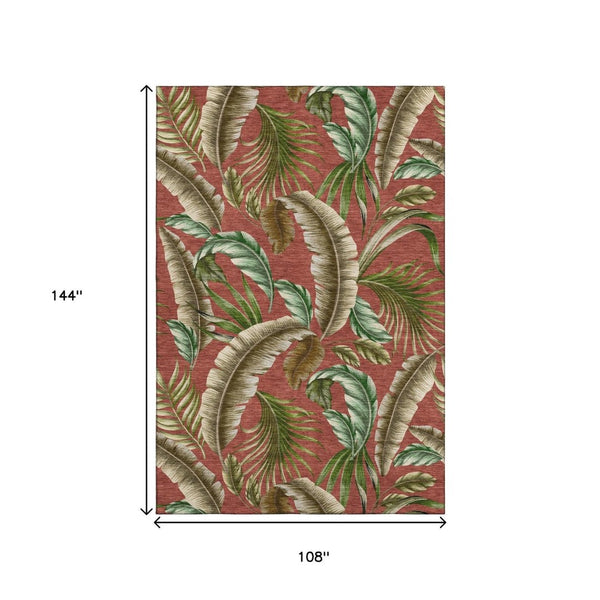 HomeRoots 9' X 12' Stylish Washable Area Rug - Cinnamon, Green & Brown Geometric Design with UV Protection 646252