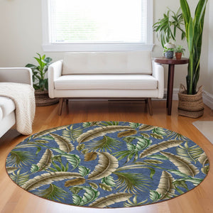 HomeRoots 8' Coastal-Inspired Blue, Green & Brown Geometric Washable Round Rug with UV & Stain Protection 646256