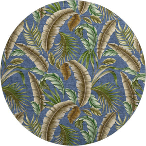 HomeRoots 8' Coastal-Inspired Blue, Green & Brown Geometric Washable Round Rug with UV & Stain Protection 646256