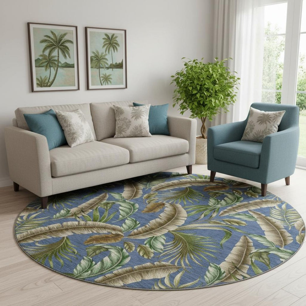 HomeRoots 8' Coastal-Inspired Blue, Green & Brown Geometric Washable Round Rug with UV & Stain Protection 646256