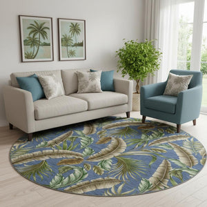 HomeRoots 8' Coastal-Inspired Blue, Green & Brown Geometric Washable Round Rug with UV & Stain Protection 646256