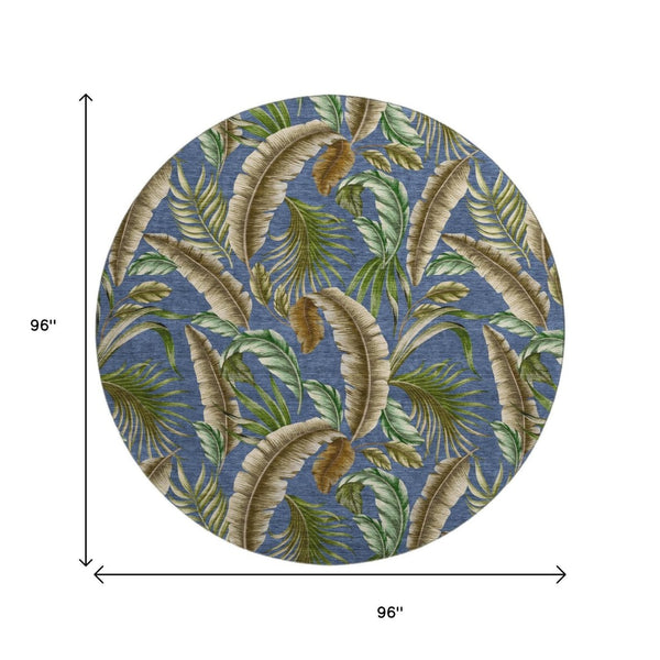HomeRoots 8' Coastal-Inspired Blue, Green & Brown Geometric Washable Round Rug with UV & Stain Protection 646256