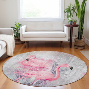 HomeRoots 8' Stylish Pink Charcoal Ivory Geometric Washable Round Rug with UV Protection for Busy Homes 646311