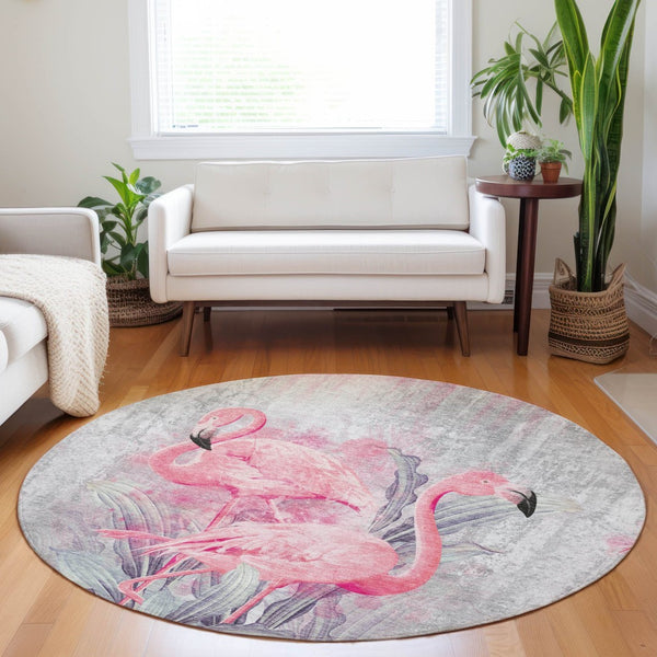 HomeRoots 8' Stylish Pink Charcoal Ivory Geometric Washable Round Rug with UV Protection for Busy Homes 646311