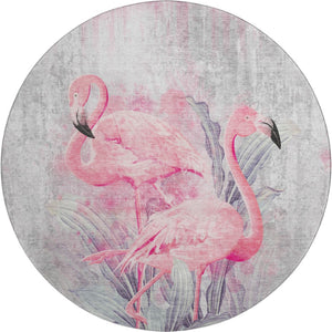 HomeRoots 8' Stylish Pink Charcoal Ivory Geometric Washable Round Rug with UV Protection for Busy Homes 646311