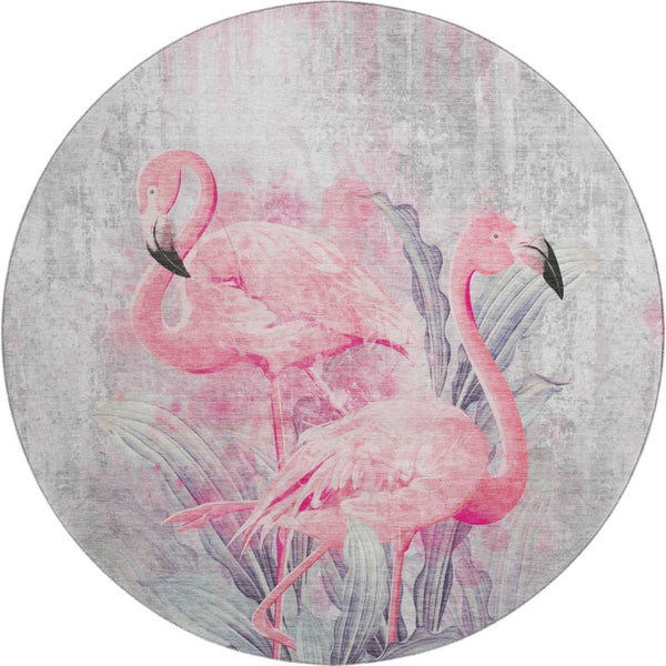 HomeRoots 8' Stylish Pink Charcoal Ivory Geometric Washable Round Rug with UV Protection for Busy Homes 646311