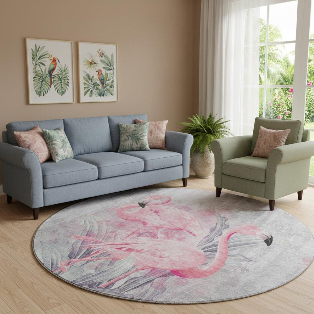HomeRoots 8' Stylish Pink Charcoal Ivory Geometric Washable Round Rug with UV Protection for Busy Homes 646311