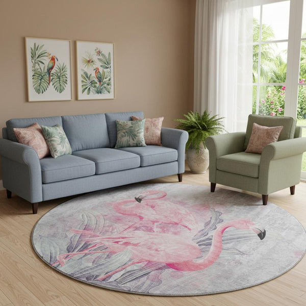 HomeRoots 8' Stylish Pink Charcoal Ivory Geometric Washable Round Rug with UV Protection for Busy Homes 646311