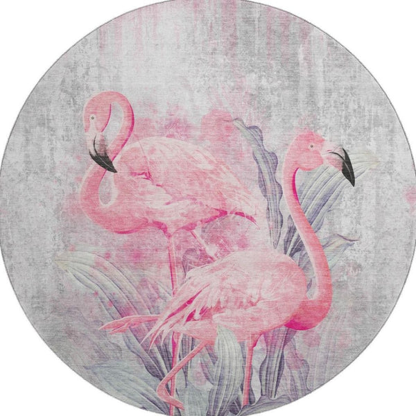 HomeRoots 8' Stylish Pink Charcoal Ivory Geometric Washable Round Rug with UV Protection for Busy Homes 646311
