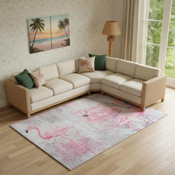 HomeRoots 8' X 10' Washable Pink Charcoal Ivory Geometric Area Rug with UV Protection for Stylish Spaces 646312