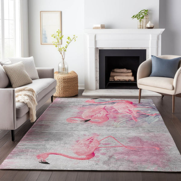 HomeRoots 9' X 12' Pink Charcoal Ivory Geometric Washable Area Rug - Soft, Durable & UV Protected Design 646313