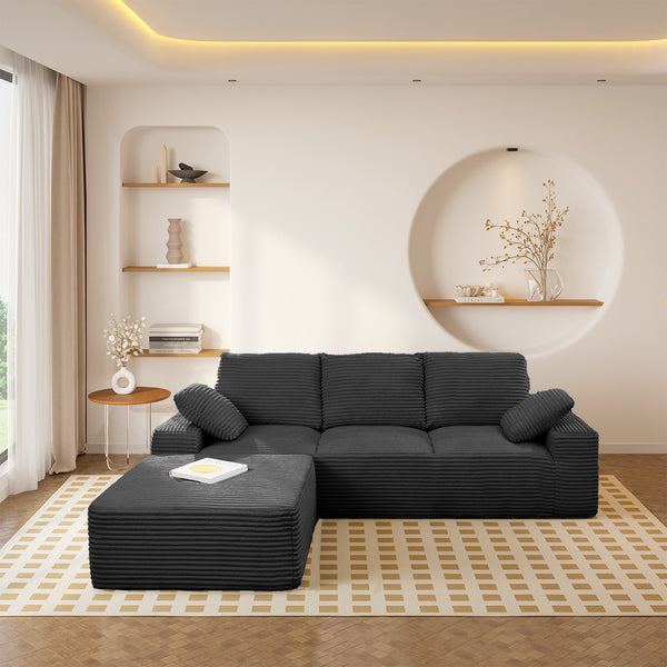 English Elm 103.5" Cloud Sectional Couch with L-Shape Chaise - No Assembly Modular Sofa, Plush Corduroy, Deep Seat Comfort Black T3801S00006