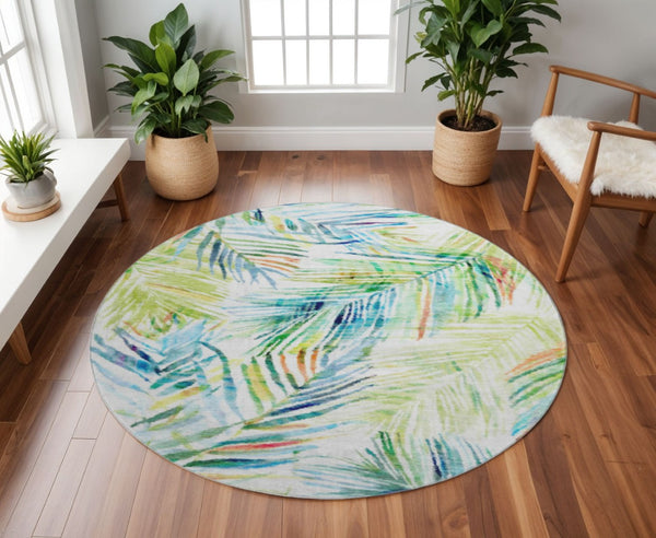 HomeRoots 8' Rainbow & Ivory Geometric Round Rug - Washable, UV Protected, Durable for Playrooms & Living Spaces 646328