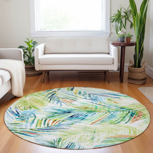HomeRoots 8' Rainbow & Ivory Geometric Round Rug - Washable, UV Protected, Durable for Playrooms & Living Spaces 646328