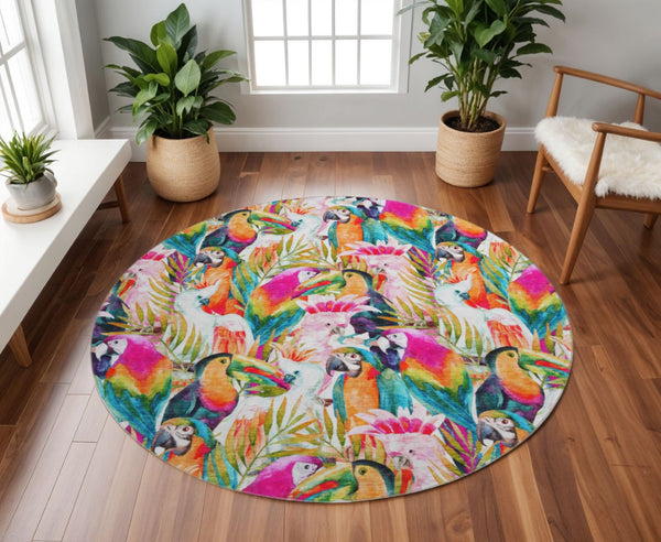 HomeRoots 8' Rainbow Geometric Round Rug - Washable, UV Protected, Durable & Family-Friendly for Any Space 646334