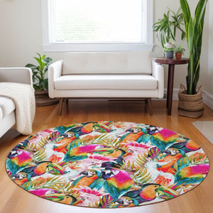 HomeRoots 8' Rainbow Geometric Round Rug - Washable, UV Protected, Durable & Family-Friendly for Any Space 646334