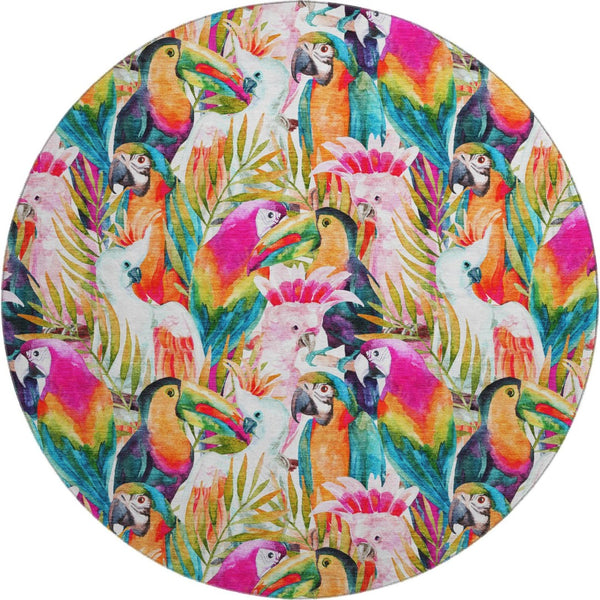 HomeRoots 8' Rainbow Geometric Round Rug - Washable, UV Protected, Durable & Family-Friendly for Any Space 646334