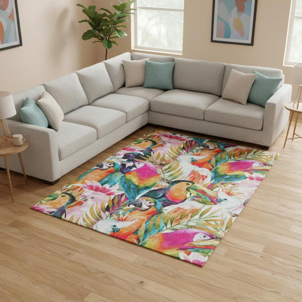 HomeRoots 10' X 14' Washable Rainbow & Ivory Geometric Area Rug – Durable, Stain-Resistant, UV Protected Design! 646337